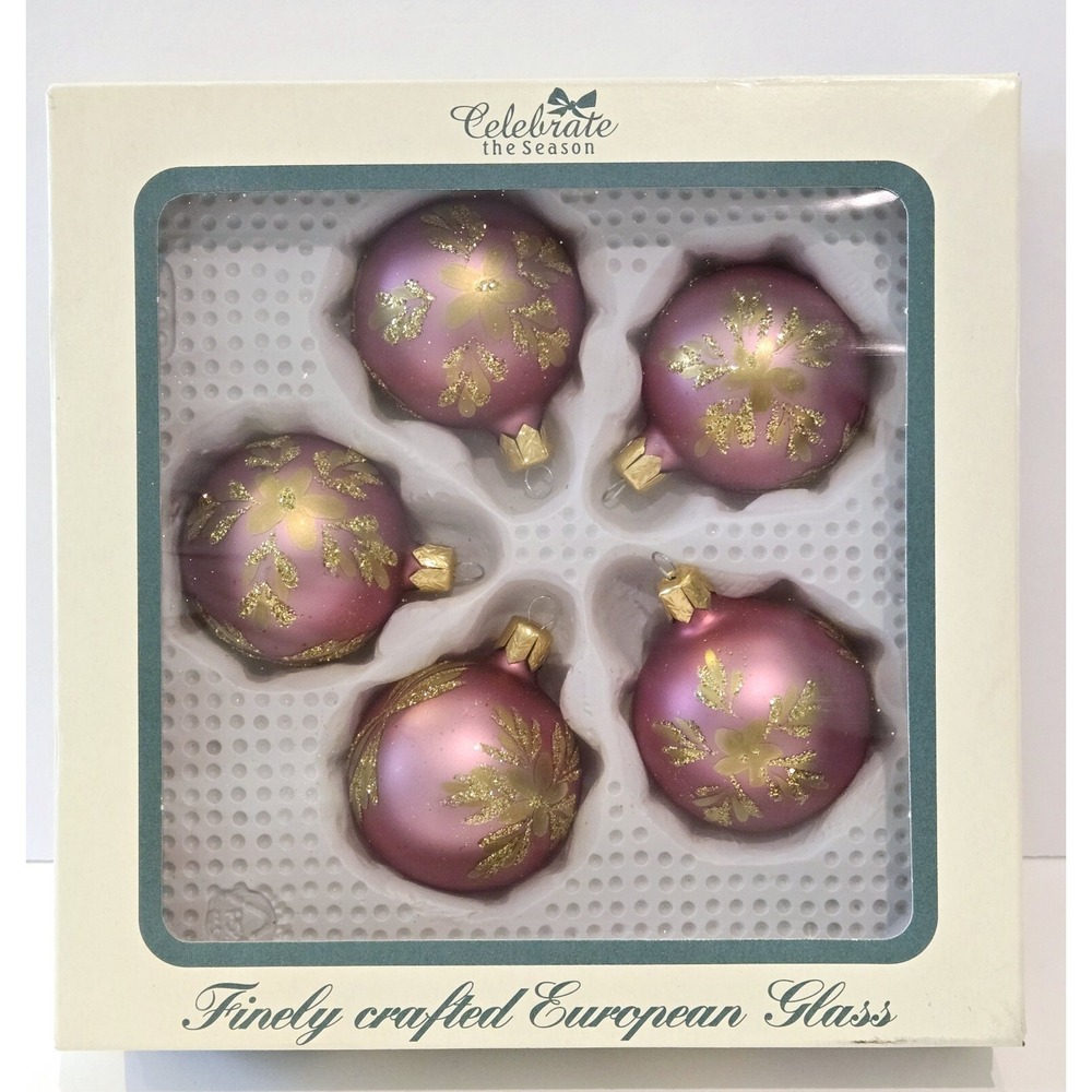 5 European Glass Christmas Ornaments Balls Pink Gold Glitter Sears Roebuck